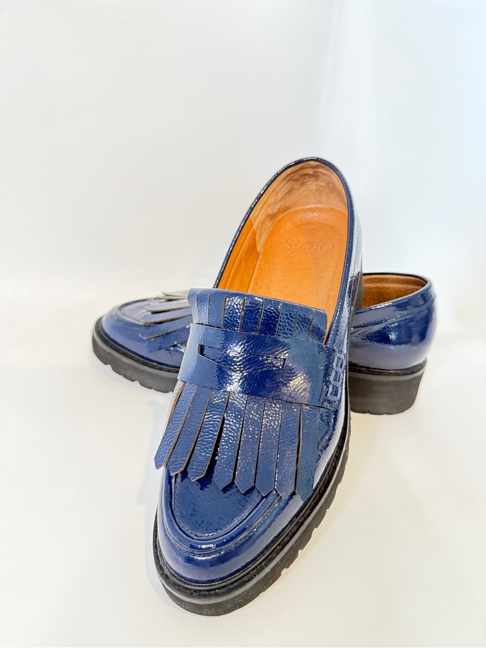 Franco Sarto Navy Patent Fringe Loafers